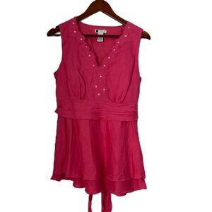 Carole Little Blouse Women L Pink Linen Sequin Applique Ruffle Tie Whimsy VTG